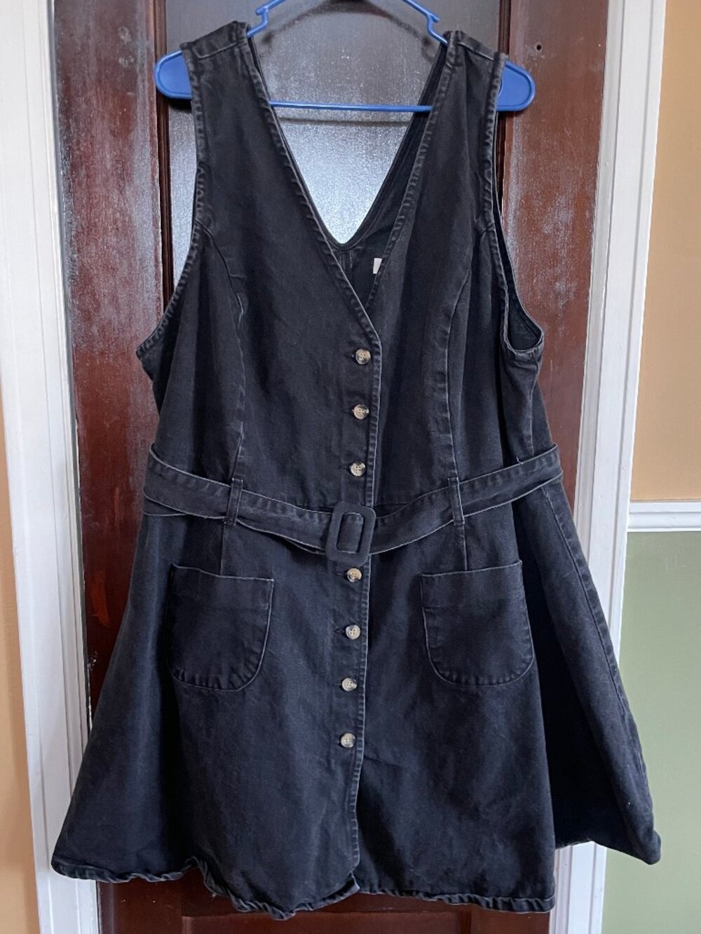 Black denim belted mini dress